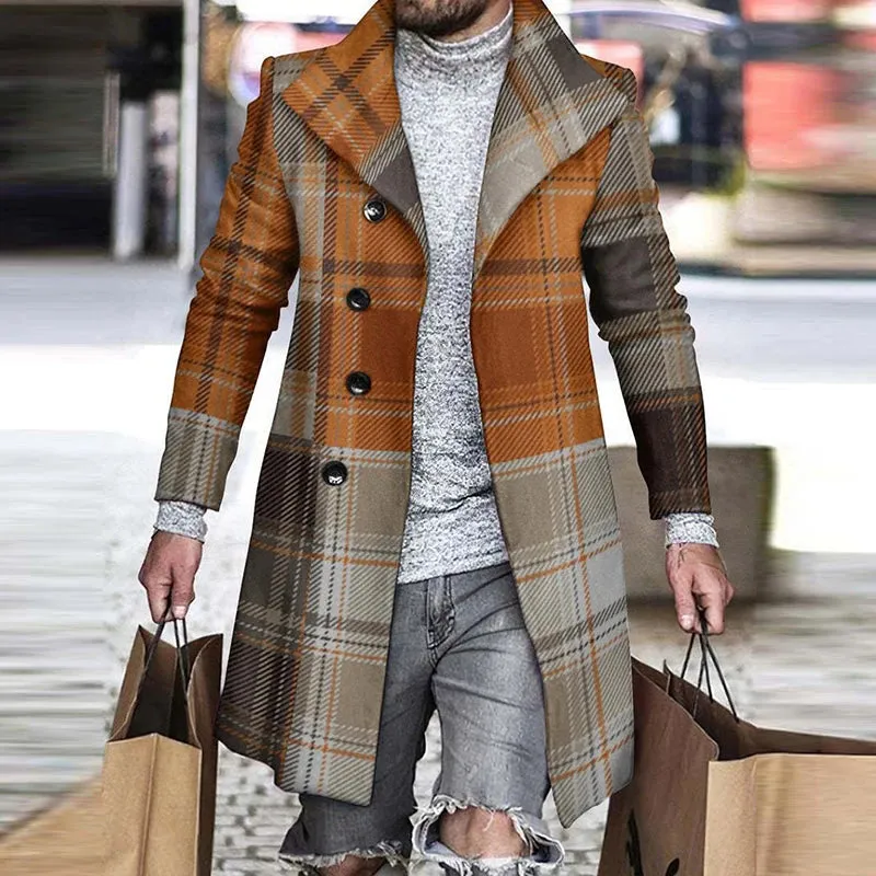 Men's Retro Houndstooth Woolen Coat - Casual Long Windbreaker with Turn-Down Collar and Pockets for Autumn & Winter