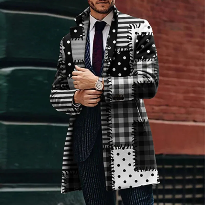 Men's Retro Houndstooth Woolen Coat - Casual Long Windbreaker with Turn-Down Collar and Pockets for Autumn & Winter