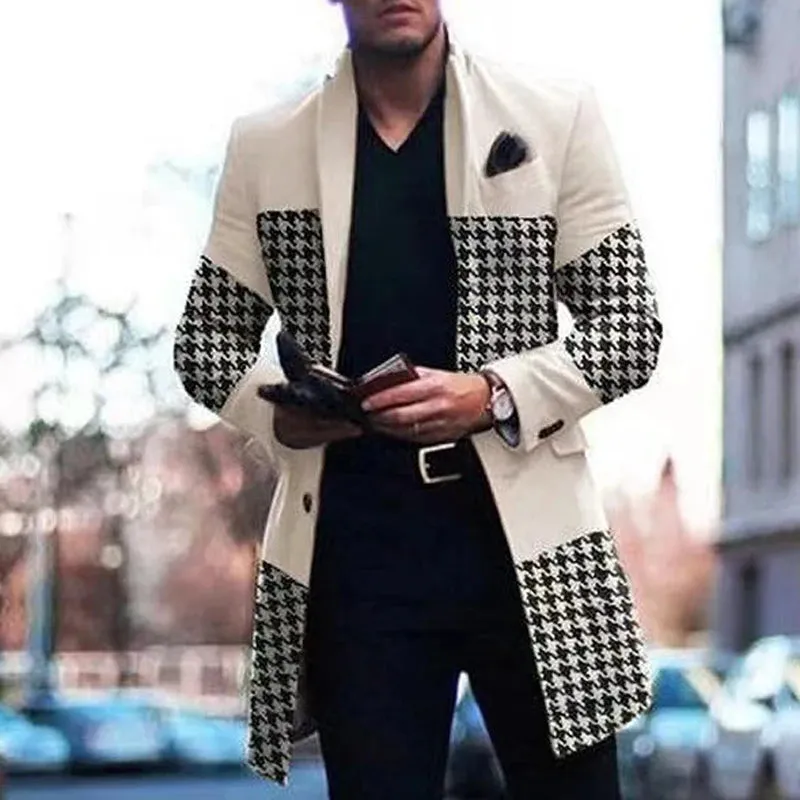 Men's Retro Houndstooth Woolen Coat - Casual Long Windbreaker with Turn-Down Collar and Pockets for Autumn & Winter