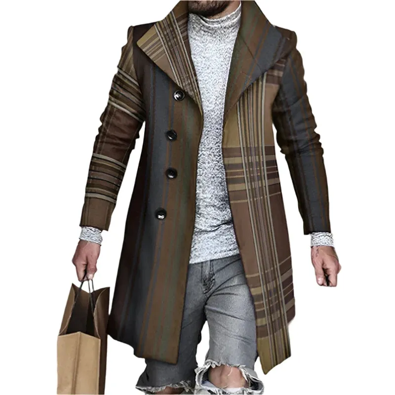 Men's Retro Houndstooth Woolen Coat - Casual Long Windbreaker with Turn-Down Collar and Pockets for Autumn & Winter