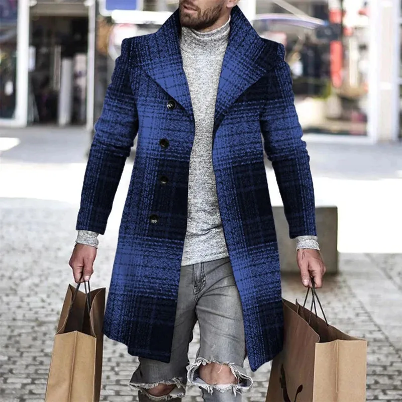 Men's Retro Houndstooth Woolen Coat - Casual Long Windbreaker with Turn-Down Collar and Pockets for Autumn & Winter