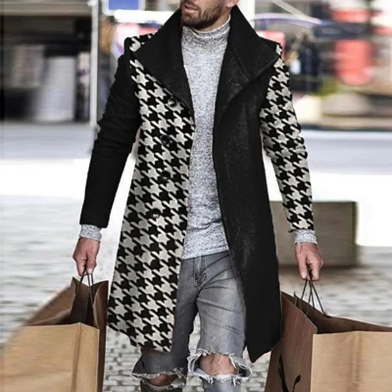 Men's Retro Houndstooth Woolen Coat - Casual Long Windbreaker with Turn-Down Collar and Pockets for Autumn & Winter