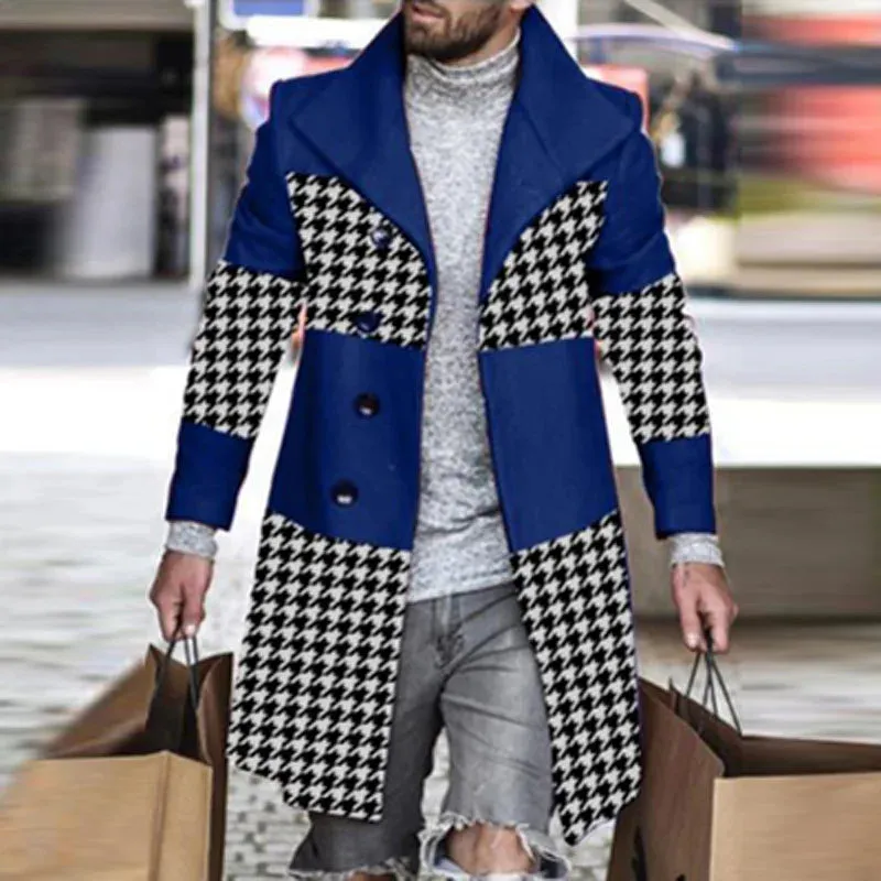 Men's Retro Houndstooth Woolen Coat - Casual Long Windbreaker with Turn-Down Collar and Pockets for Autumn & Winter