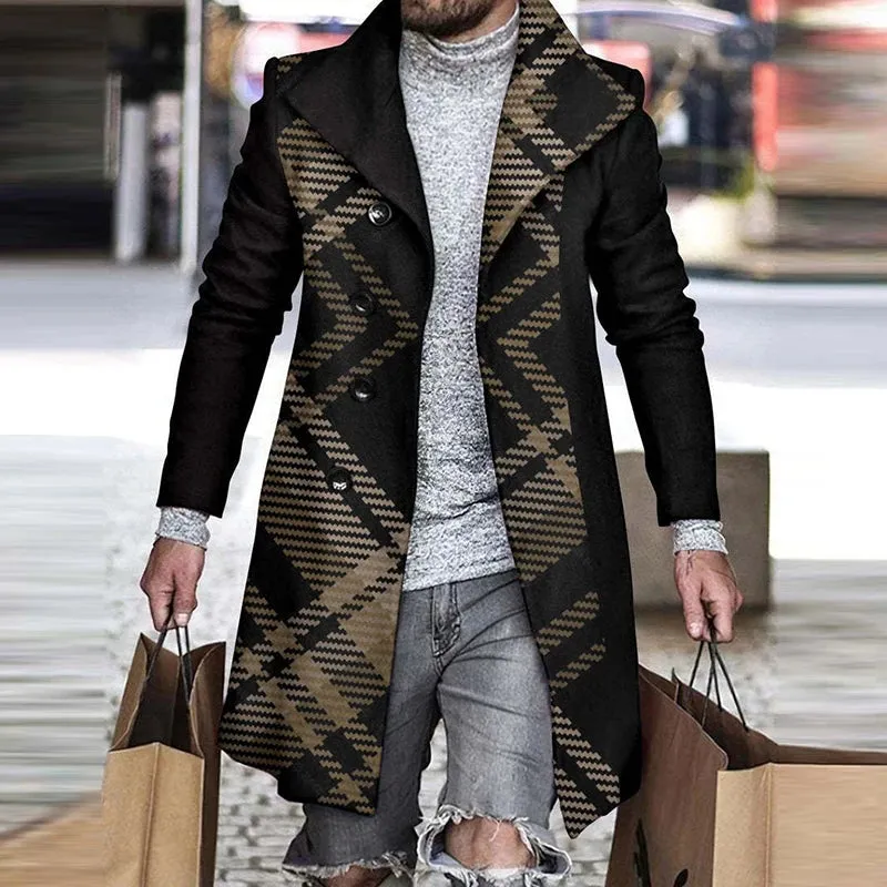 Men's Retro Houndstooth Woolen Coat - Casual Long Windbreaker with Turn-Down Collar and Pockets for Autumn & Winter