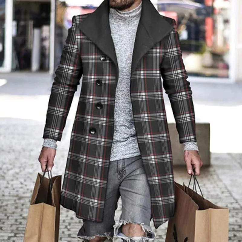 Men's Retro Houndstooth Woolen Coat - Casual Long Windbreaker with Turn-Down Collar and Pockets for Autumn & Winter