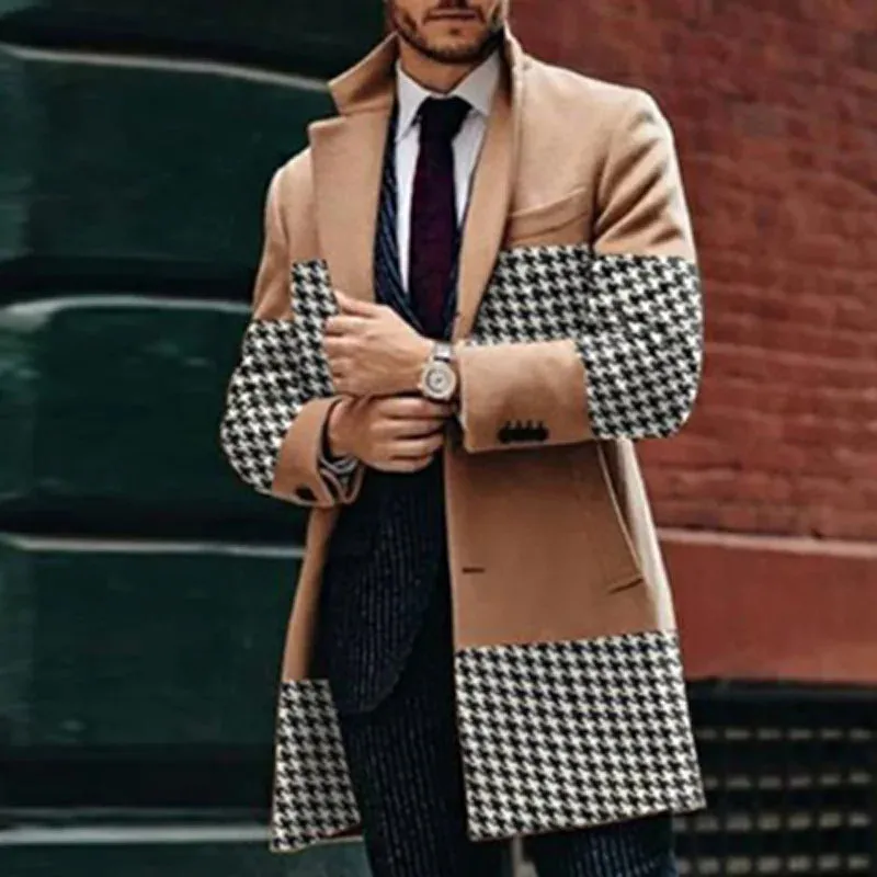 Men's Retro Houndstooth Woolen Coat - Casual Long Windbreaker with Turn-Down Collar and Pockets for Autumn & Winter