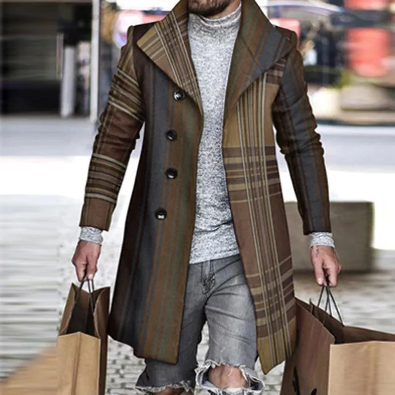 Men's Retro Houndstooth Woolen Coat - Casual Long Windbreaker with Turn-Down Collar and Pockets for Autumn & Winter