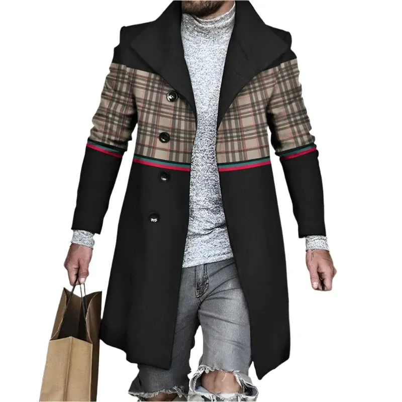 Men's Retro Houndstooth Woolen Coat - Casual Long Windbreaker with Turn-Down Collar and Pockets for Autumn & Winter