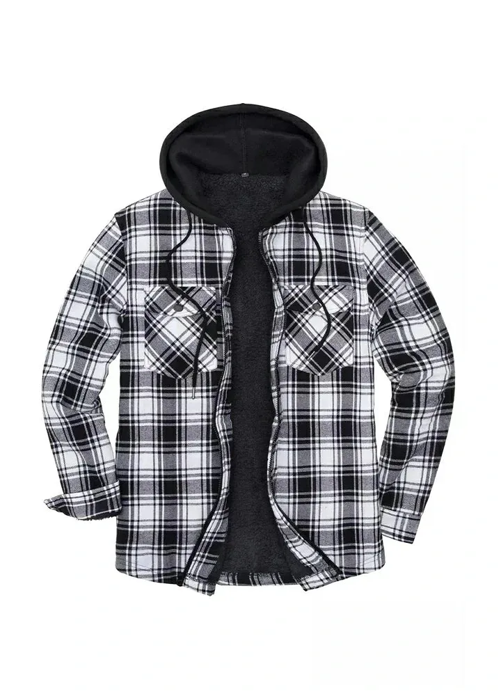 Men's Sherpa Lined Full Zip Up Flannel Plaid Hooded Jacket