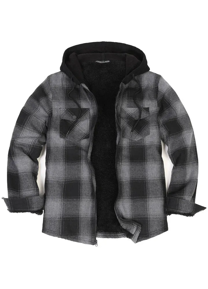 Men's Sherpa Lined Full Zip Up Flannel Plaid Hooded Jacket