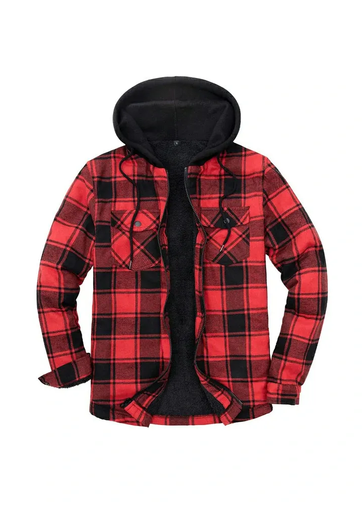 Men's Sherpa Lined Full Zip Up Flannel Plaid Hooded Jacket