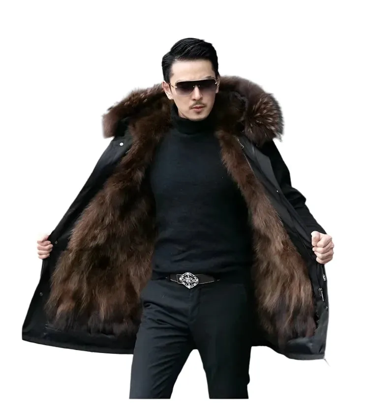 Men's Winter Parka with Detachable Mink-Like Wool Liner - Mid-Length Leather Fur Coat for Warmth