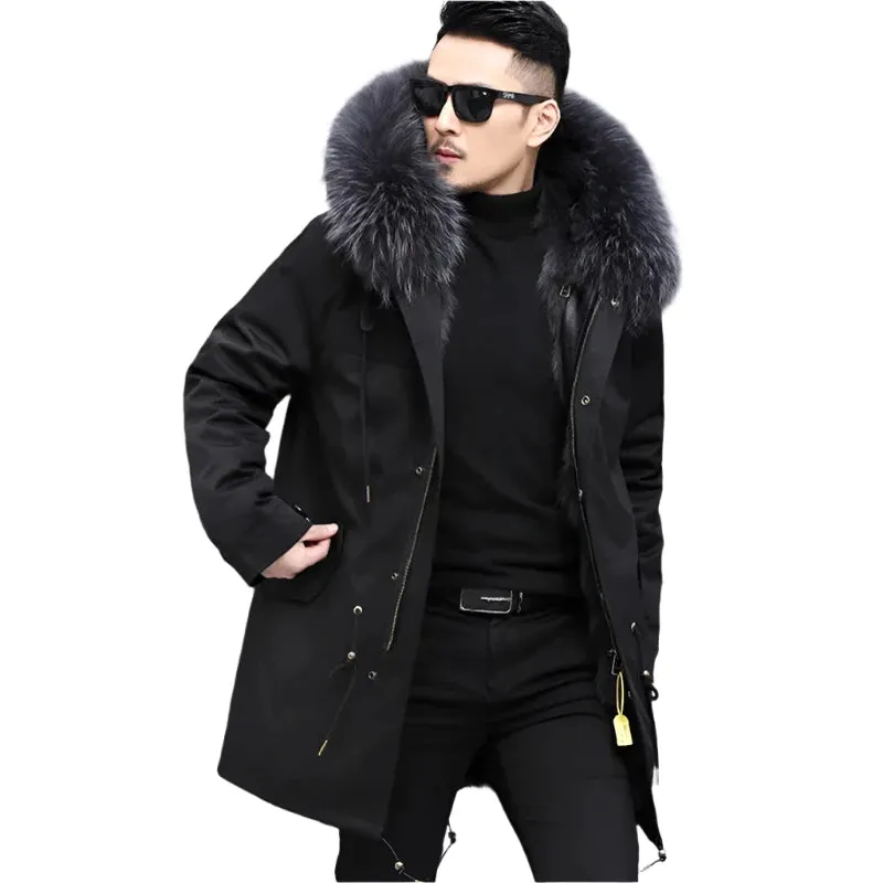 Men's Winter Parka with Detachable Mink-Like Wool Liner - Mid-Length Leather Fur Coat for Warmth