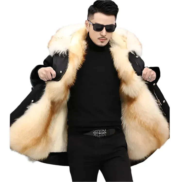 Men's Winter Parka with Detachable Mink-Like Wool Liner - Mid-Length Leather Fur Coat for Warmth