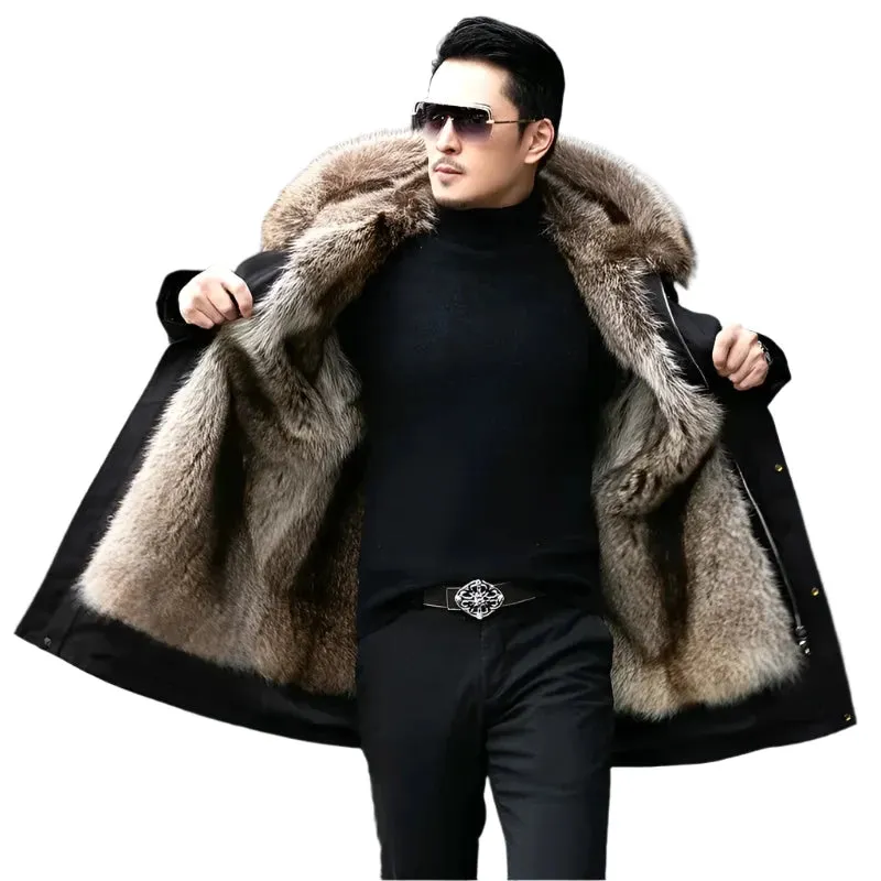 Men's Winter Parka with Detachable Mink-Like Wool Liner - Mid-Length Leather Fur Coat for Warmth