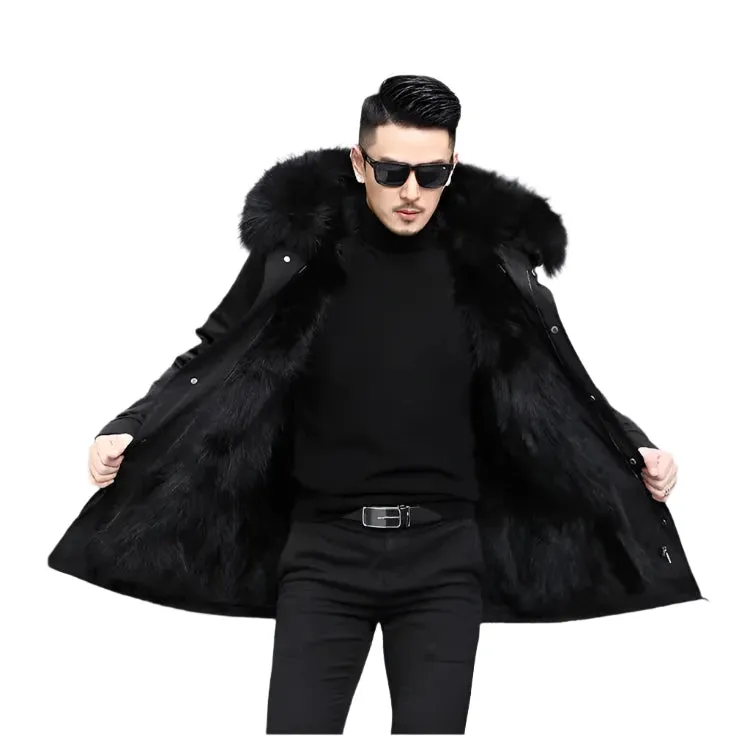 Men's Winter Parka with Detachable Mink-Like Wool Liner - Mid-Length Leather Fur Coat for Warmth