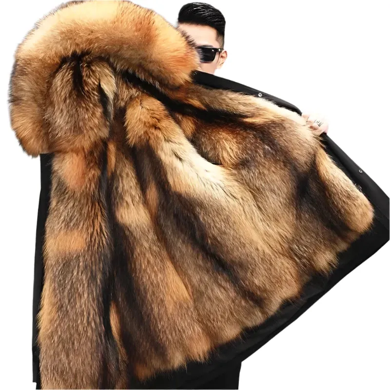 Men's Winter Parka with Detachable Mink-Like Wool Liner - Mid-Length Leather Fur Coat for Warmth