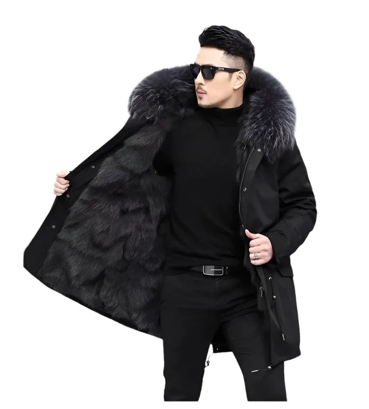 Men's Winter Parka with Detachable Mink-Like Wool Liner - Mid-Length Leather Fur Coat for Warmth