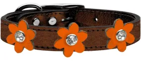 Metallic Flower Leather Collar Bronze With Metallic Orange Flowers Size 20