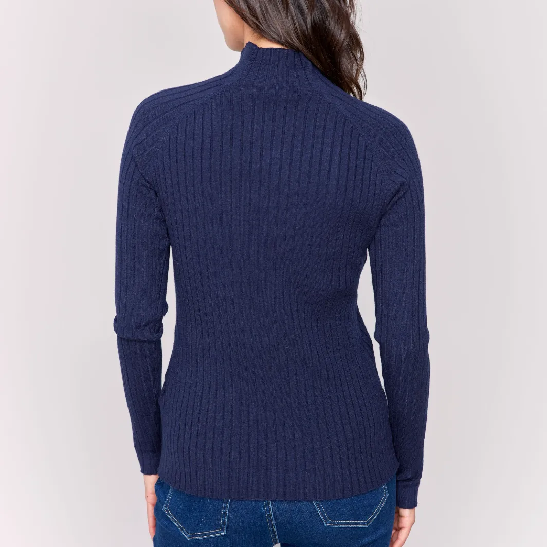 Mock Neck Ribbed Fine Knit - Navy