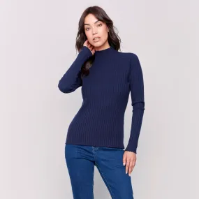 Mock Neck Ribbed Fine Knit - Navy