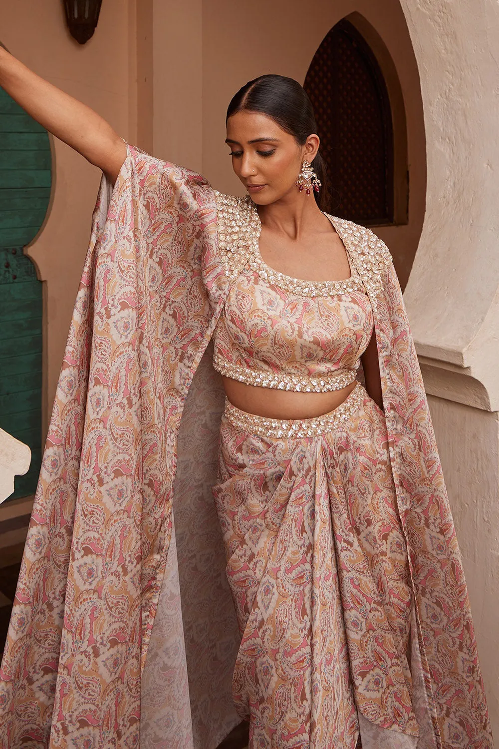 Modal Beige Printed & Embroidered Cape Set