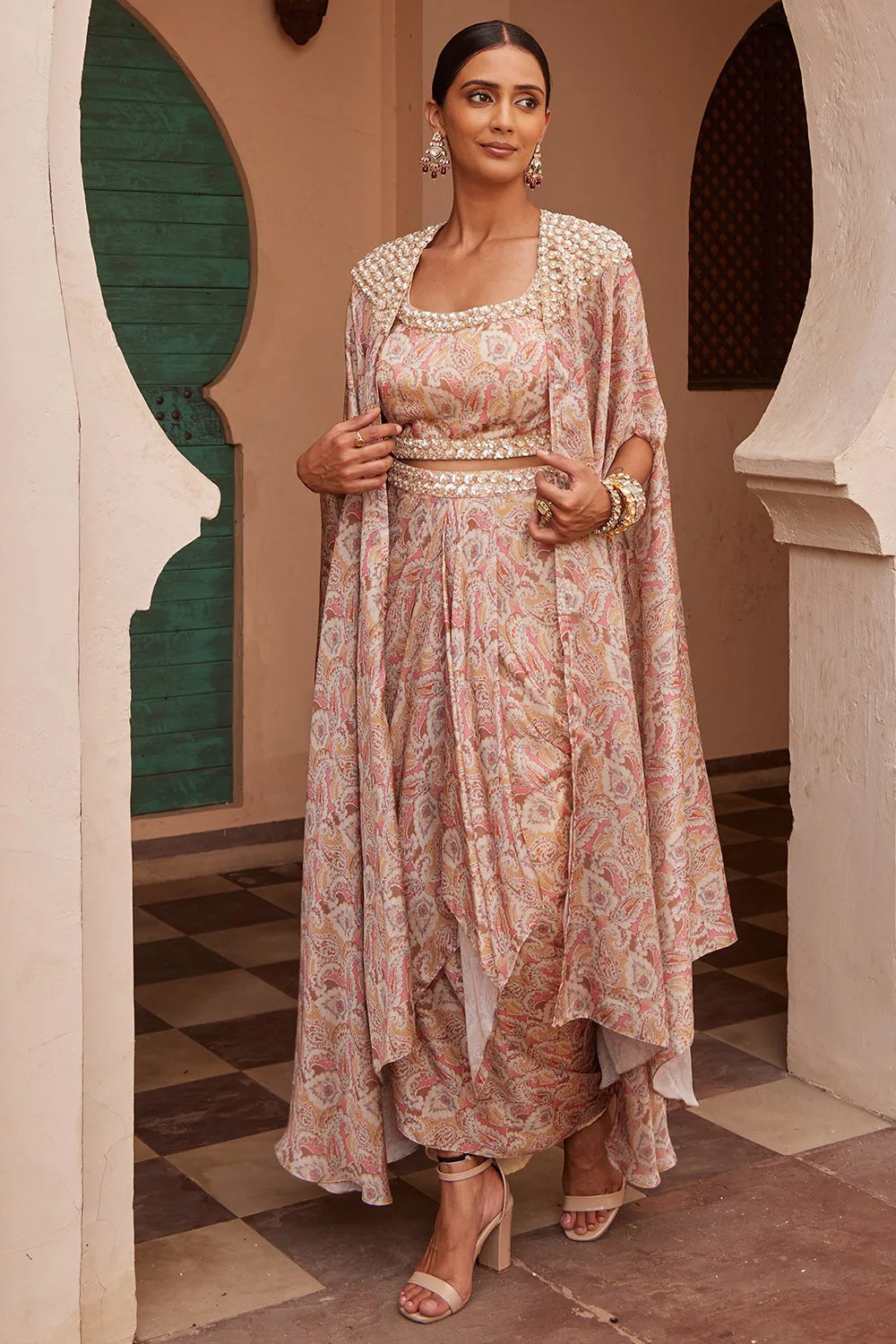 Modal Beige Printed & Embroidered Cape Set