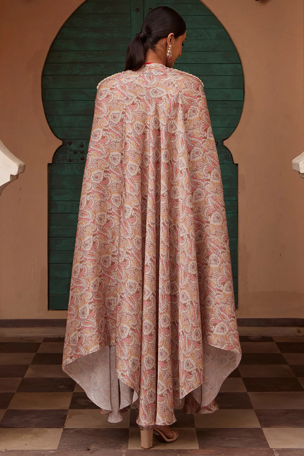 Modal Beige Printed & Embroidered Cape Set