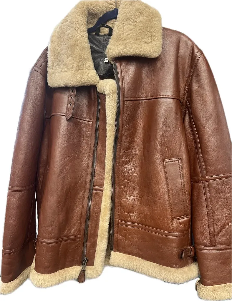 New Men's Pilot Aviator Flight Bomber Jacket in a Rich Brown Shade, faux leather & shearling lining Sz XL