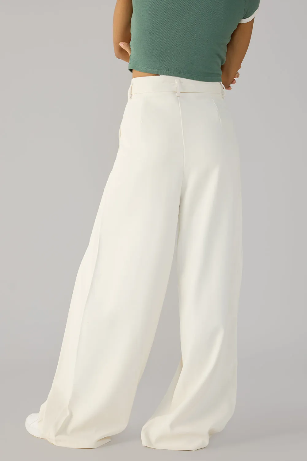 Off White Belted Flared Korean Pants