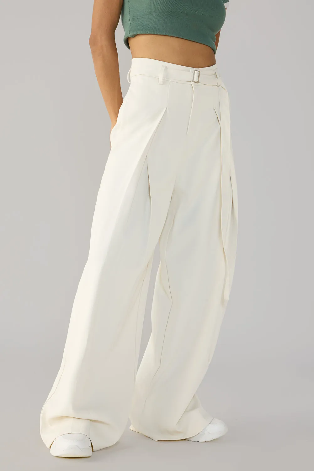 Off White Belted Flared Korean Pants