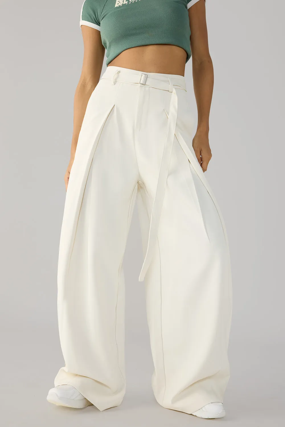 Off White Belted Flared Korean Pants