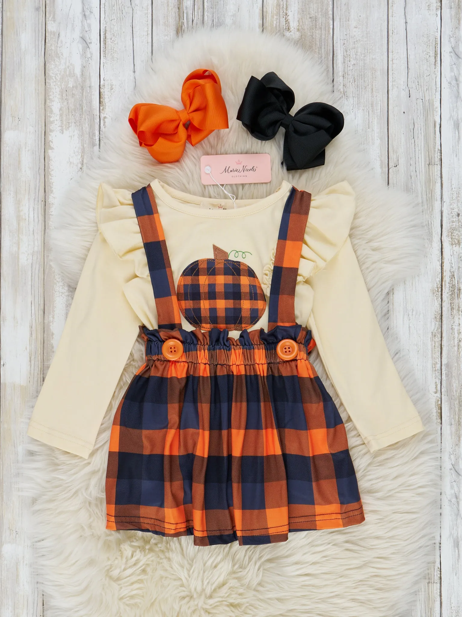 Orange & Black Plaid Overall Skirt Set