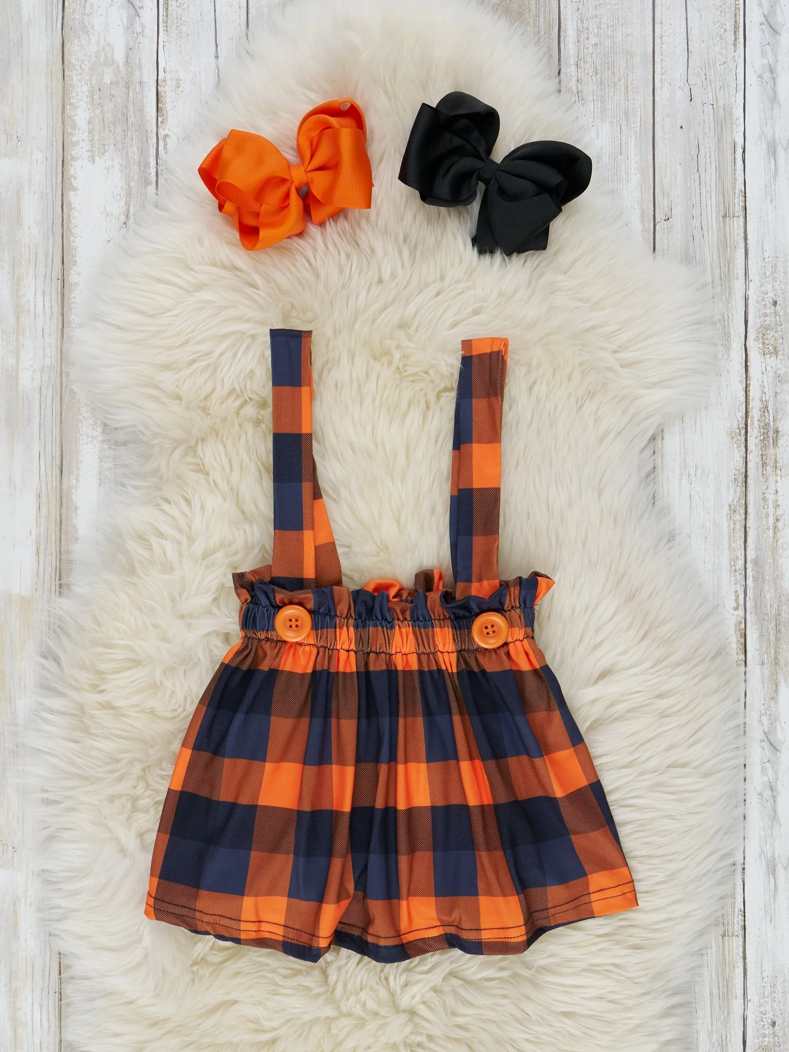 Orange & Black Plaid Overall Skirt Set