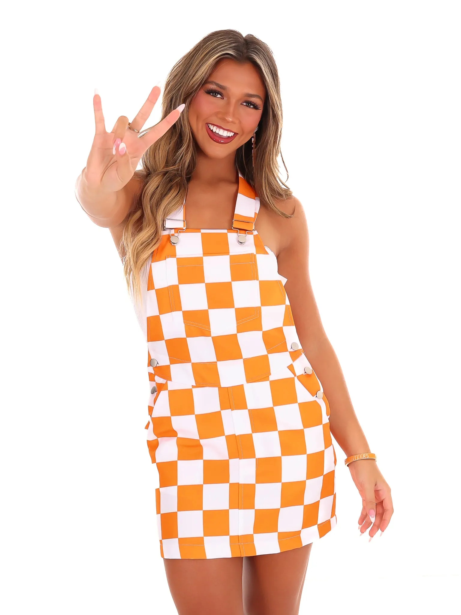 Orange & White Overall Bib Checkerboard Dress