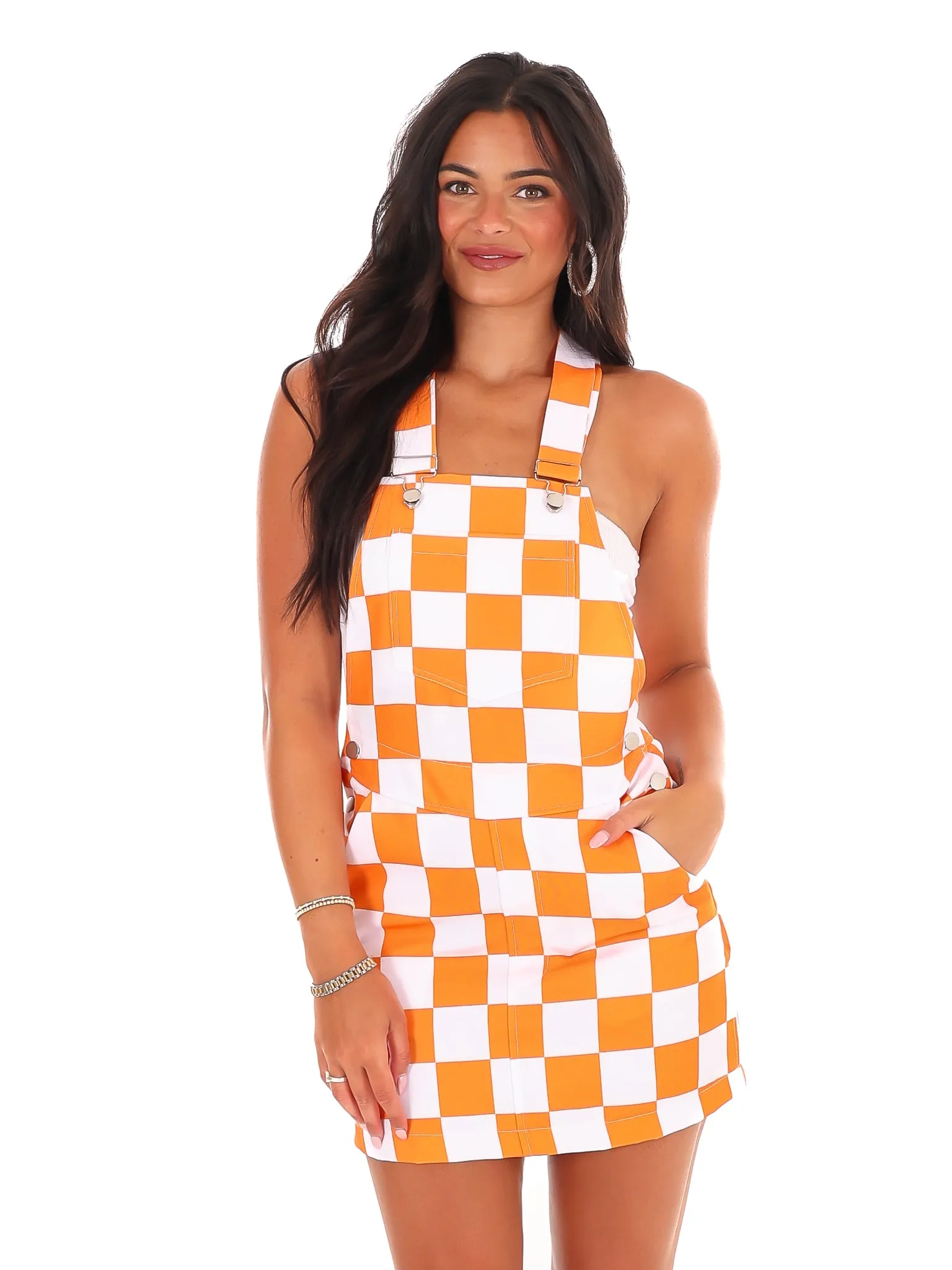 Orange & White Overall Bib Checkerboard Dress