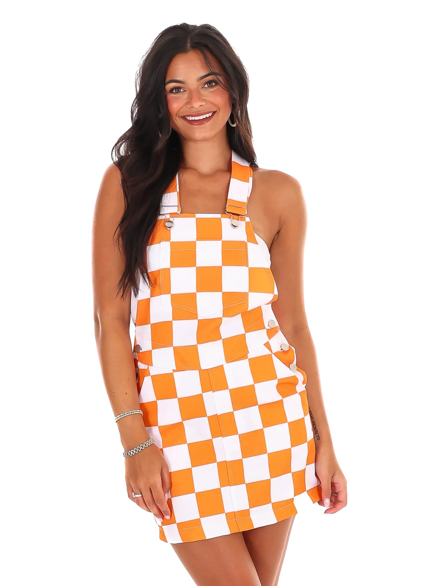 Orange & White Overall Bib Checkerboard Dress