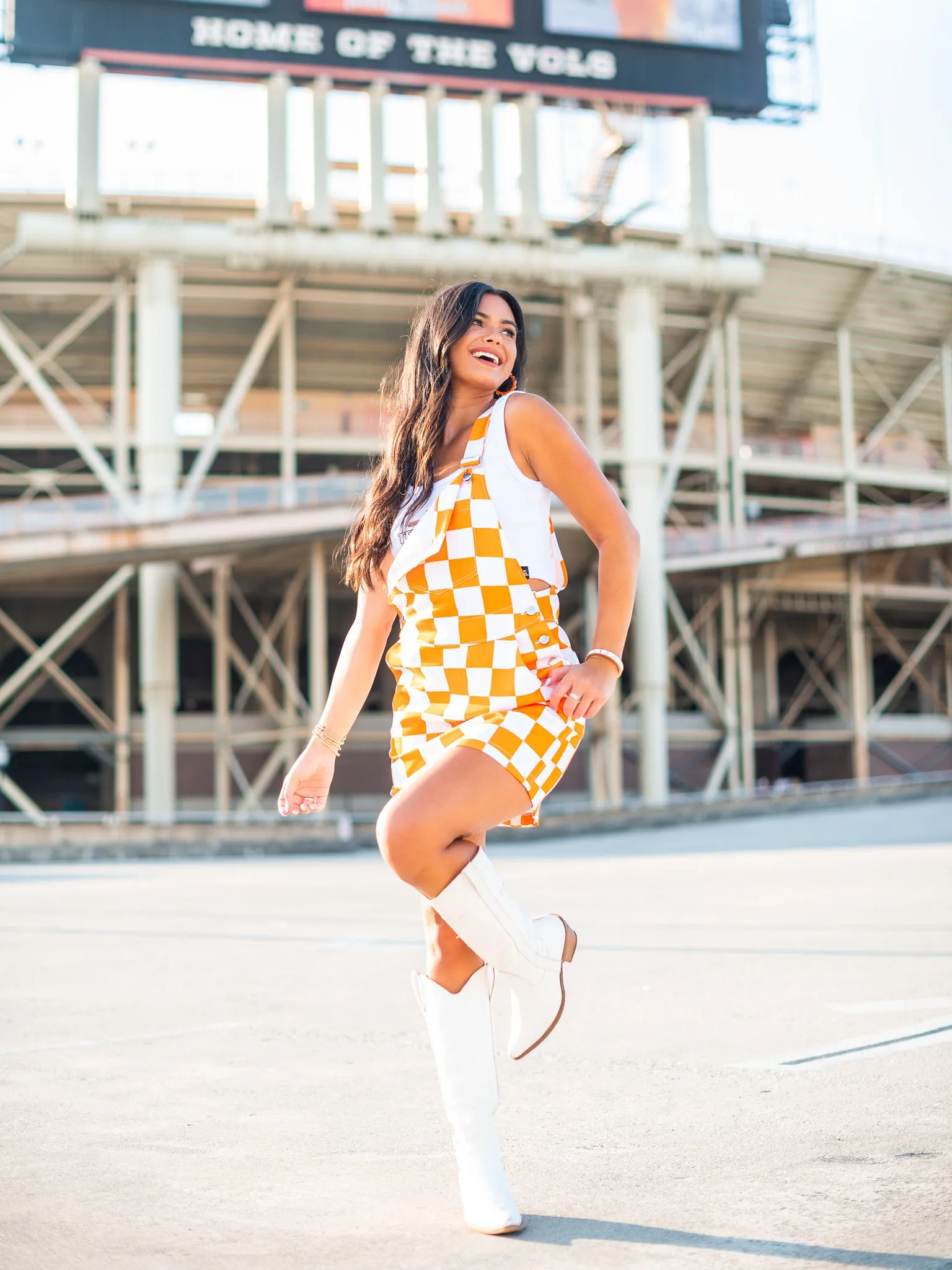 Orange & White Overall Bib Checkerboard Dress