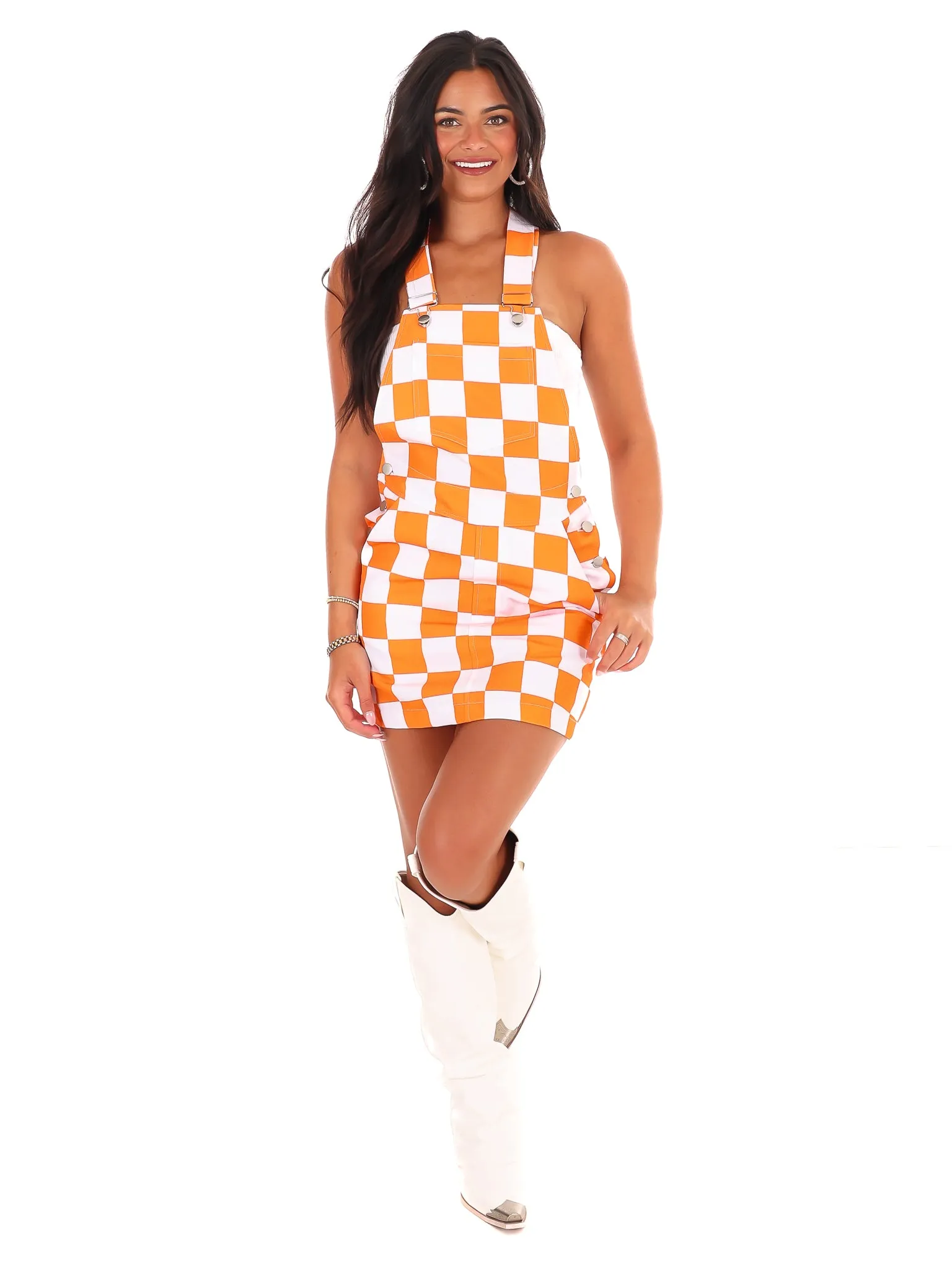 Orange & White Overall Bib Checkerboard Dress