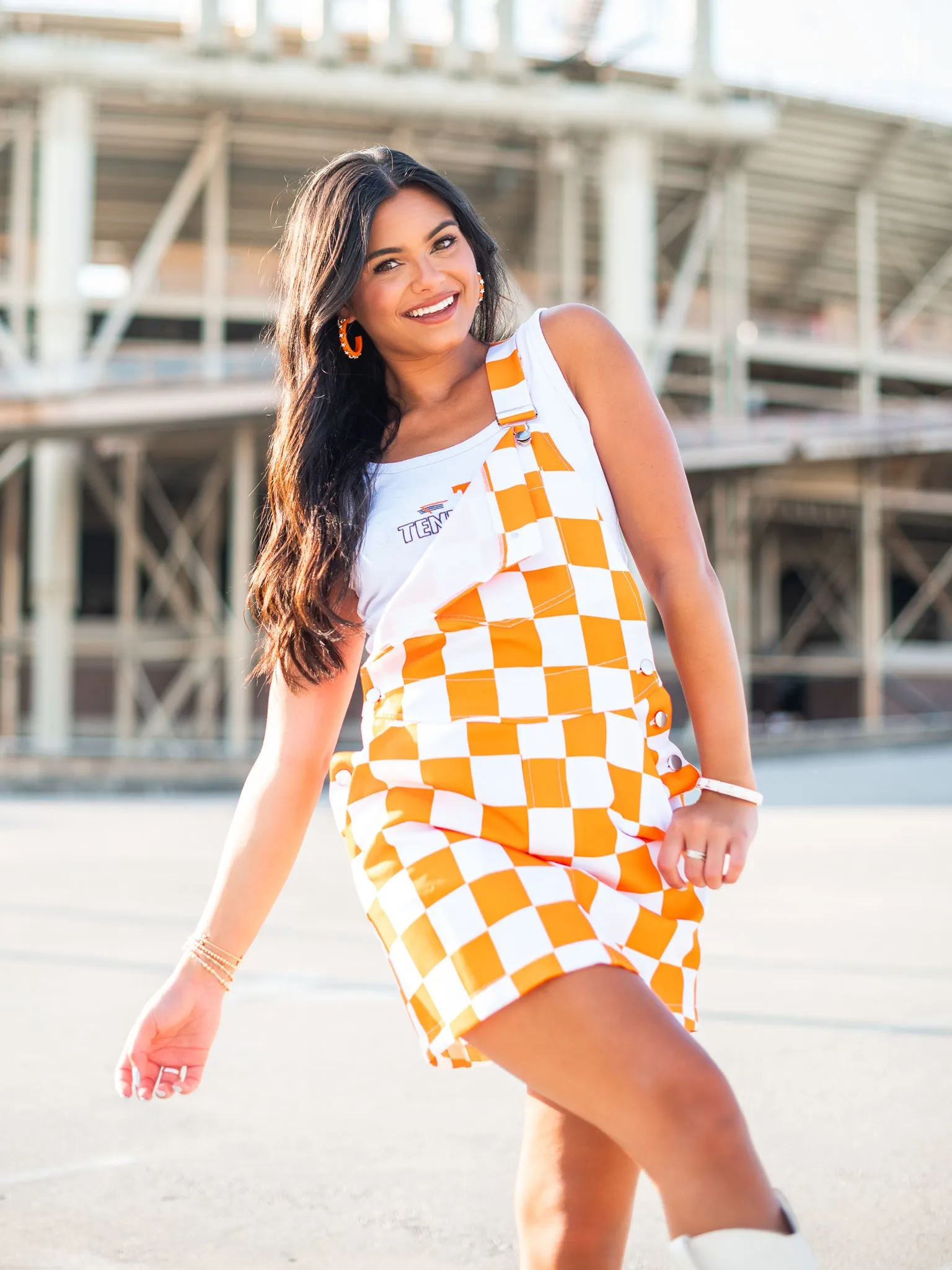 Orange & White Overall Bib Checkerboard Dress