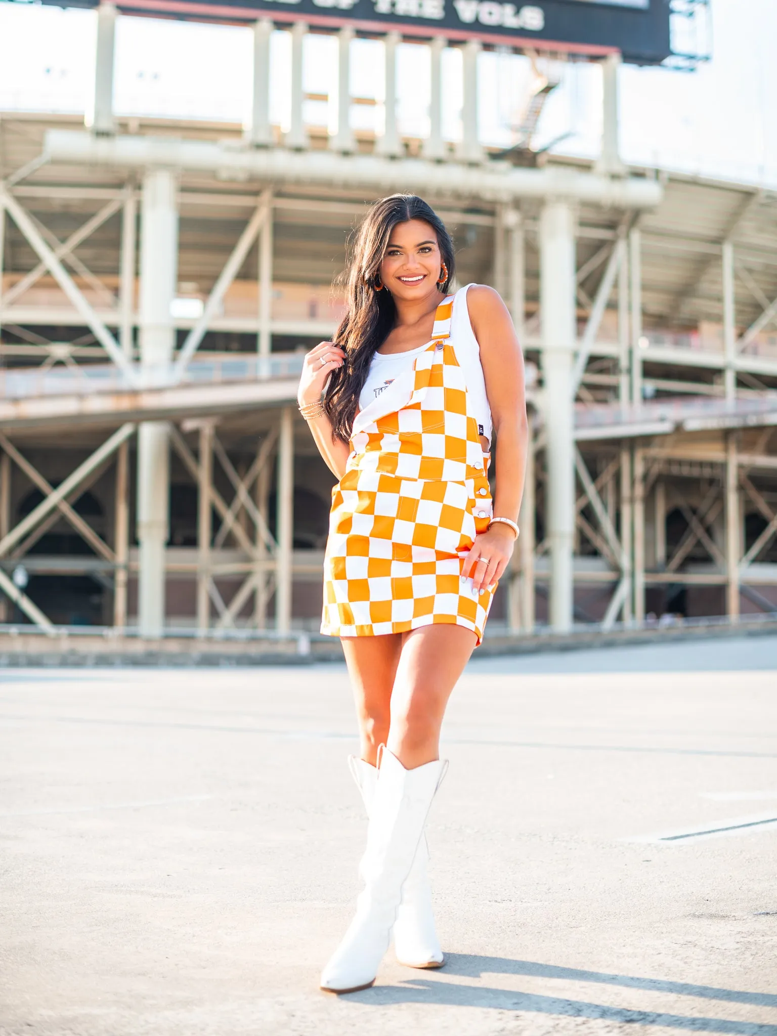 Orange & White Overall Bib Checkerboard Dress