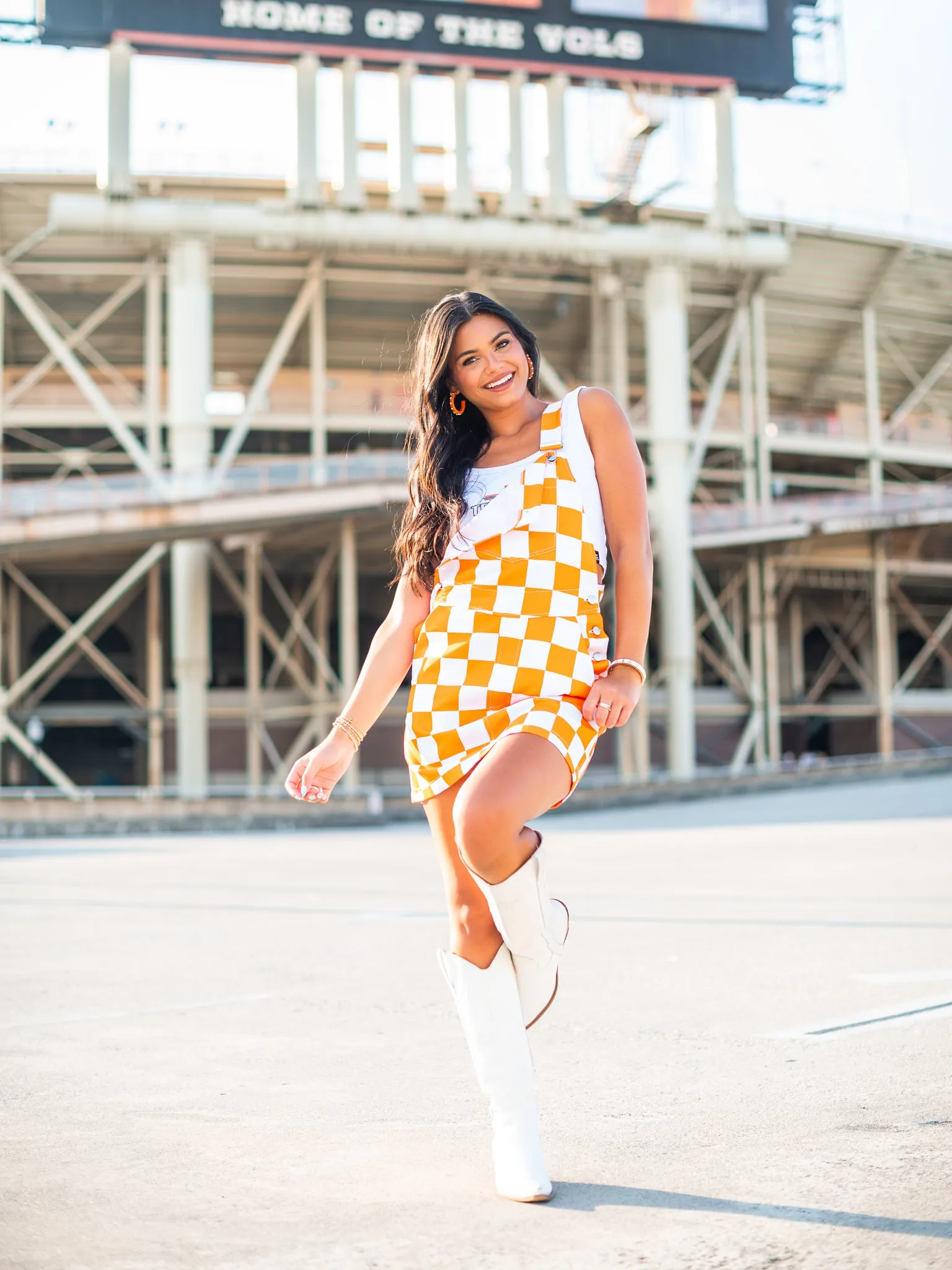 Orange & White Overall Bib Checkerboard Dress