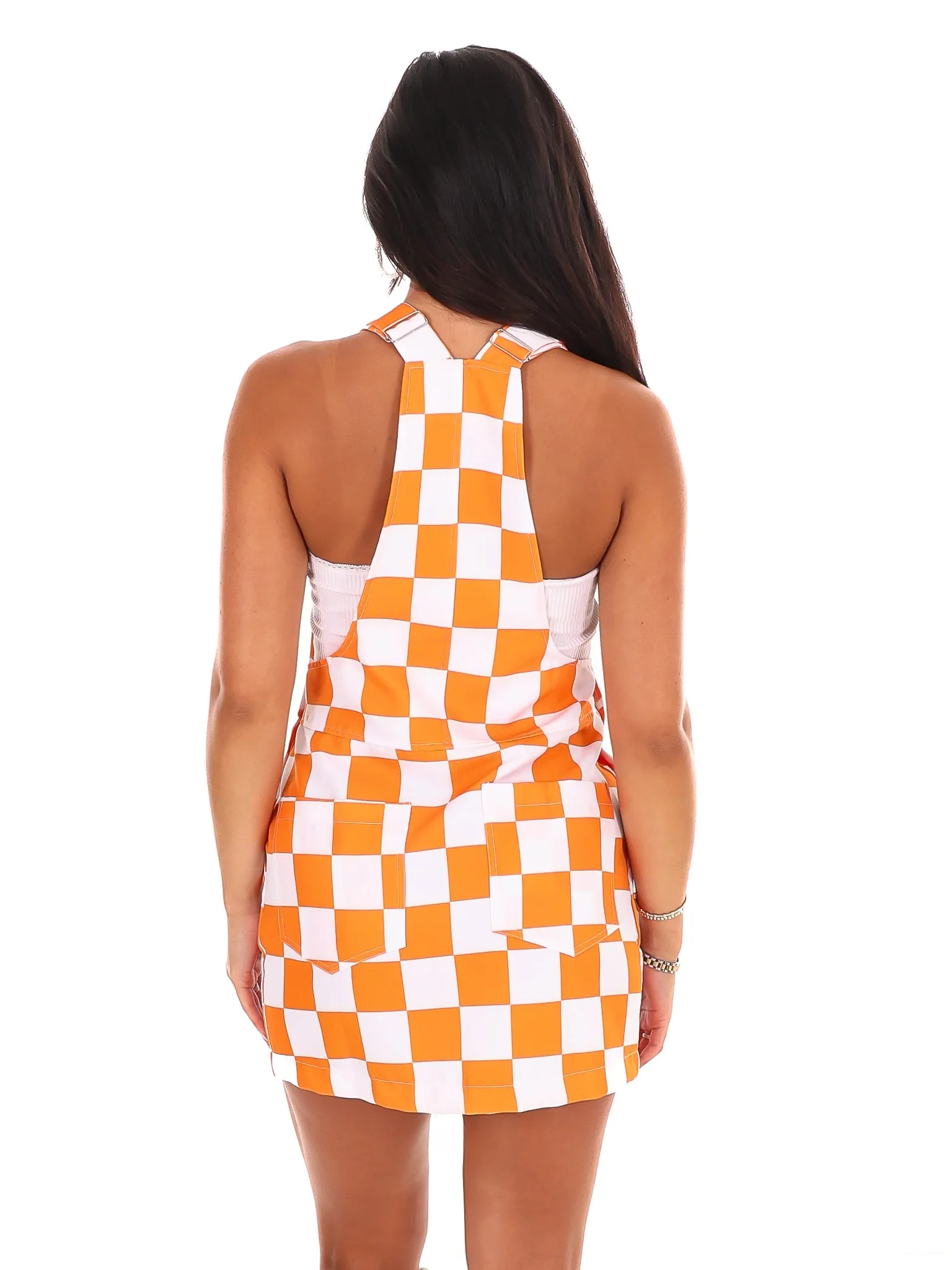 Orange & White Overall Bib Checkerboard Dress