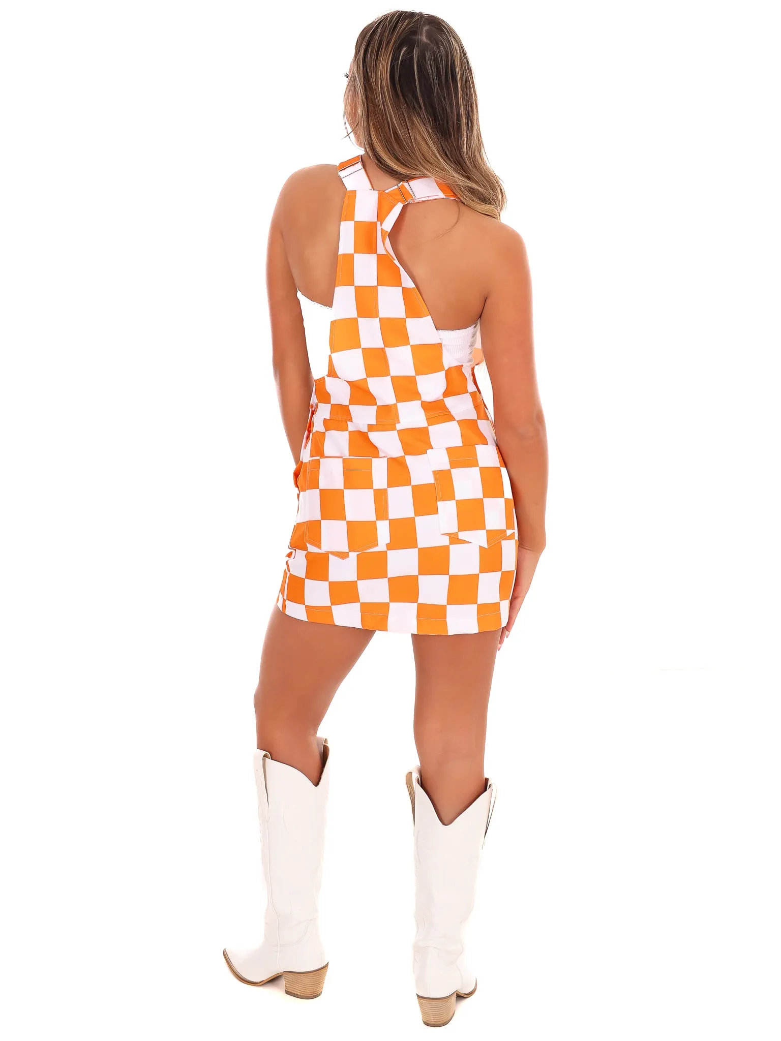 Orange & White Overall Bib Checkerboard Dress