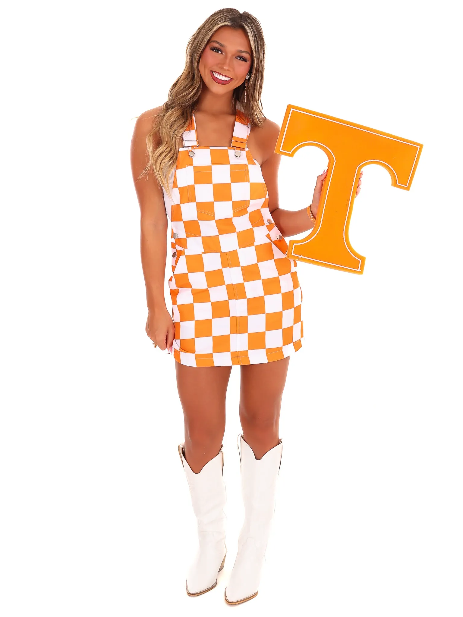 Orange & White Overall Bib Checkerboard Dress