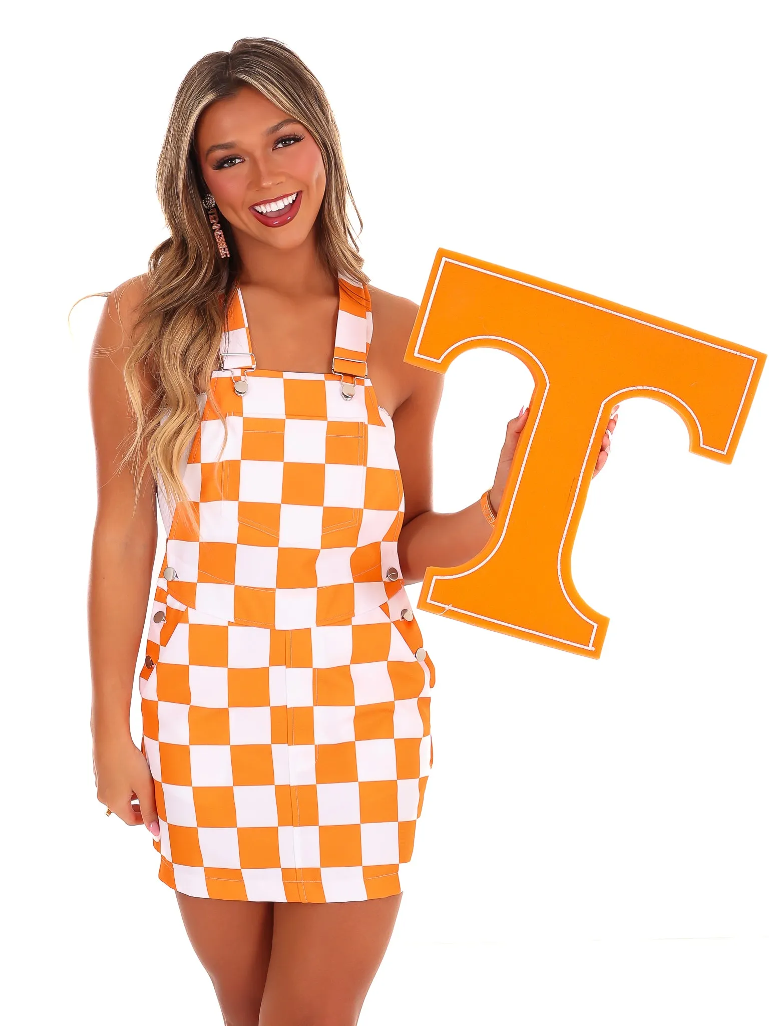 Orange & White Overall Bib Checkerboard Dress