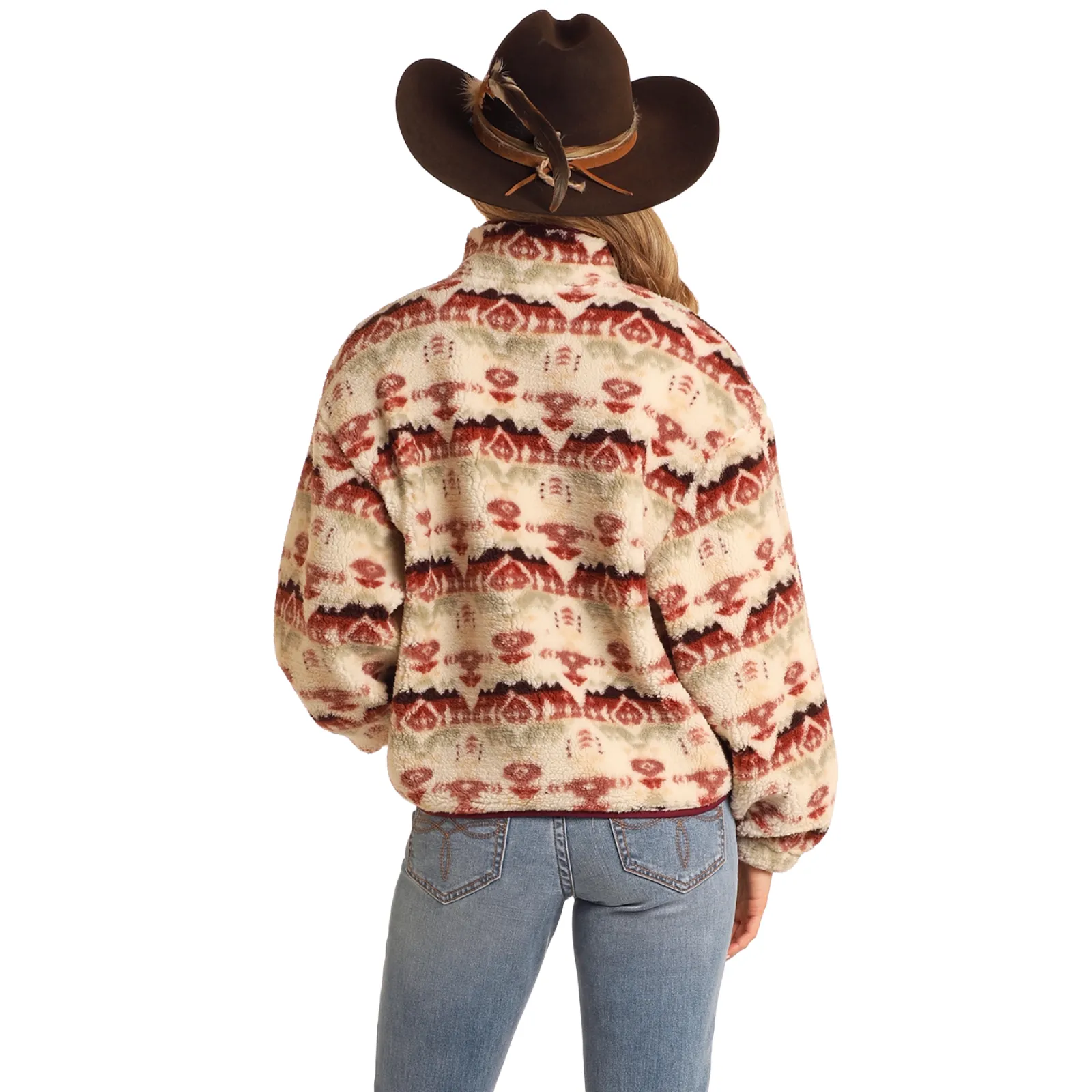 Panhandle Ladies Aztec Print Quarter Zip Eggshell Sherpa Pullover Sweater BW91C05248