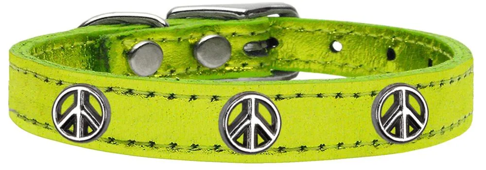 Peace Sign Widget Genuine Metallic Leather Dog Collar Lime Green 12