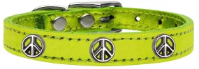 Peace Sign Widget Genuine Metallic Leather Dog Collar Lime Green 12