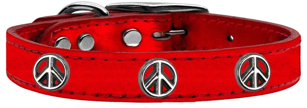 Peace Sign Widget Genuine Metallic Leather Dog Collar Red 24